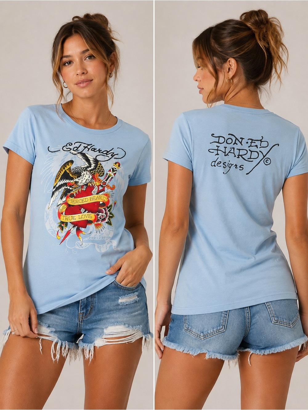 Ed Hardy Women’s XXL Rhinestone Pierced Hearts + True Love Graphic Tee Shirt 2XL